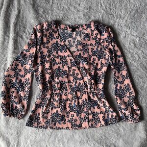 J.Crew‎ Floral Peplum Wrap Top Sz 4 Pink Navy Romantic Cottagecore Blouse Chic